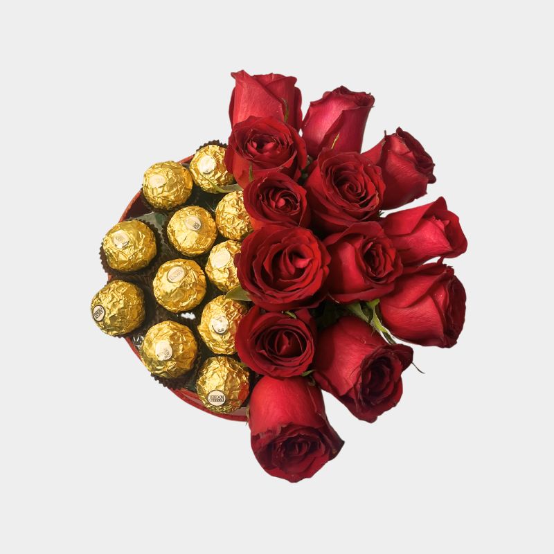 Rosas Rojas y Chocolates en Caja de Madera