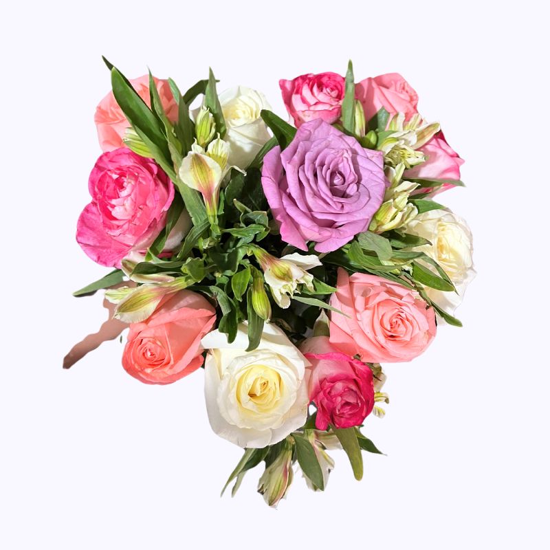Florero con 12 Rosas en Tonos Pastel y Alstroemerias