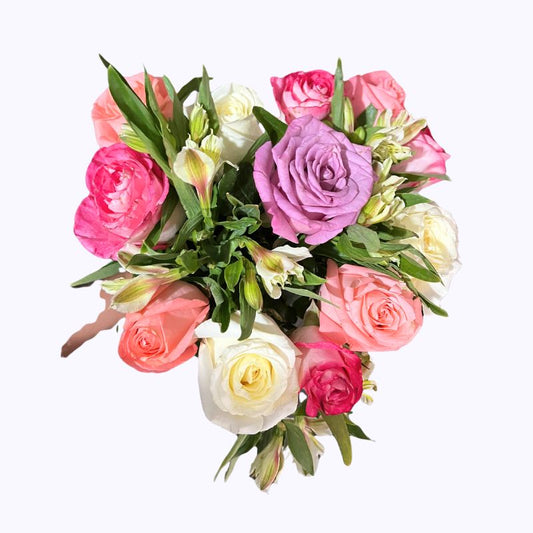 Florero con 12 Rosas en Tonos Pastel y Alstroemerias