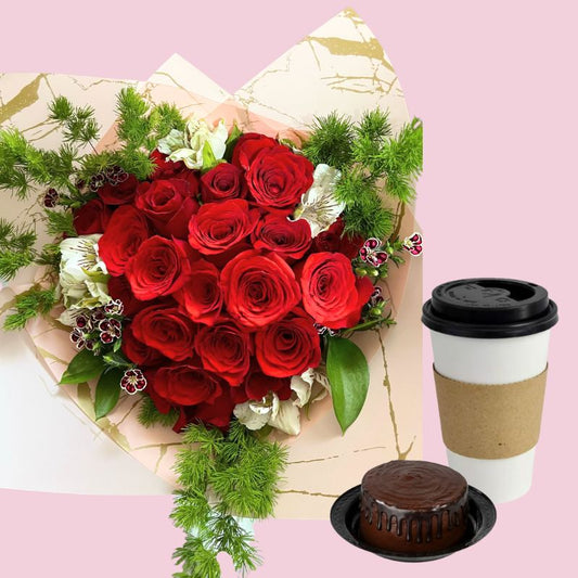 Ramo de 24 rosas y Pastel individual y café